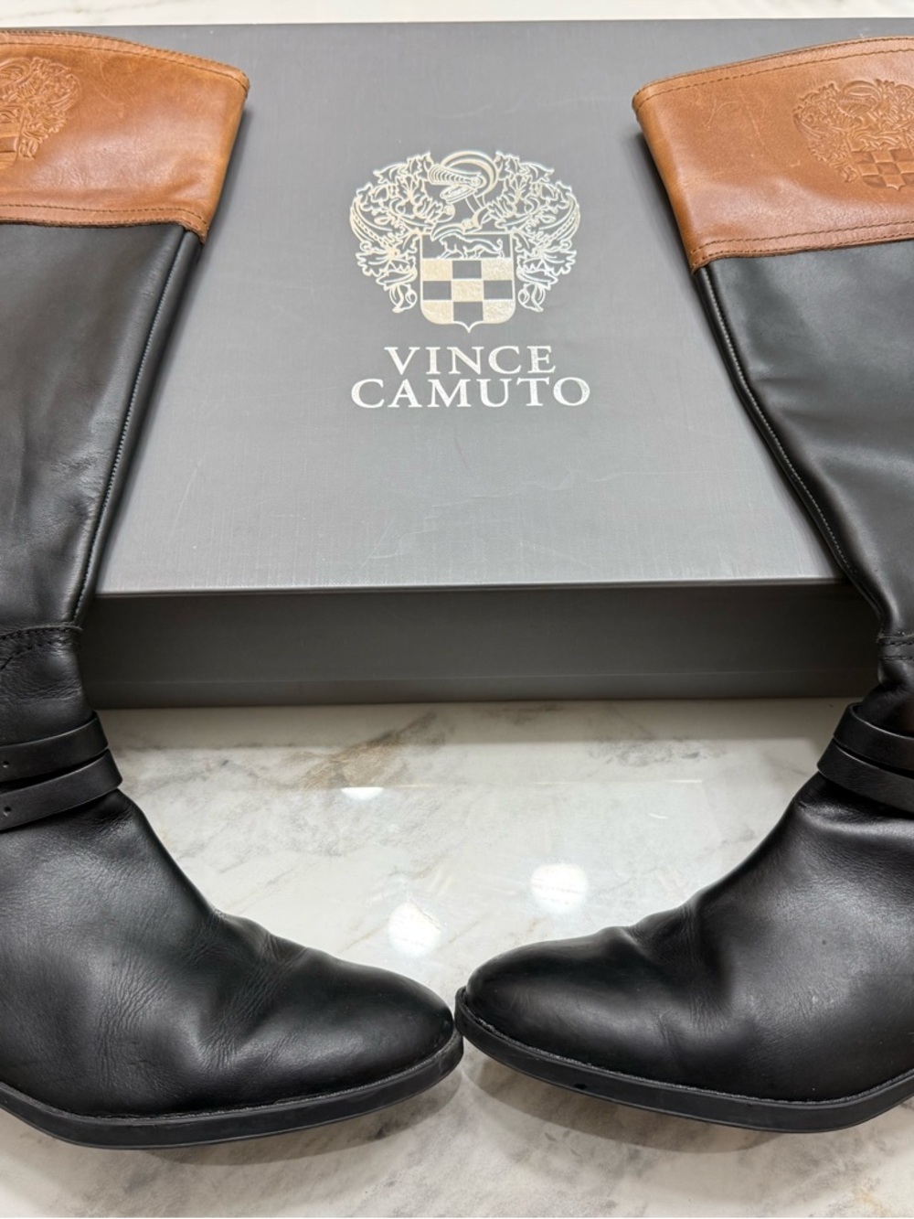 Vince Camuto Black and Brown Leather Riding Boots